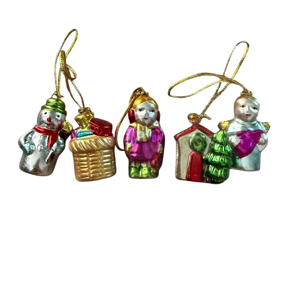 Vintage Mercury Glass Christmas Ornaments Set 4 Snowman Angel Cottage Miniature